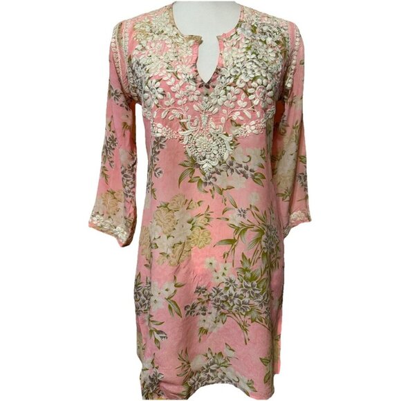 Amaya Silk Tunic Dress Embroidered Floral Pink Size 6 3/4 Sleeve - Picture 1 of 4